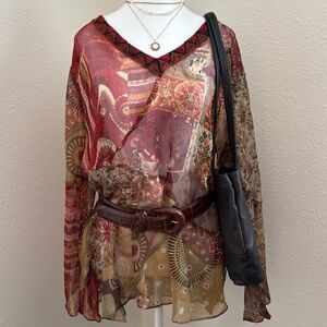 Vintage Chico’s Silk Sheer Patchwork Beaded Blouse Coastal Cowgirl Boho Chic